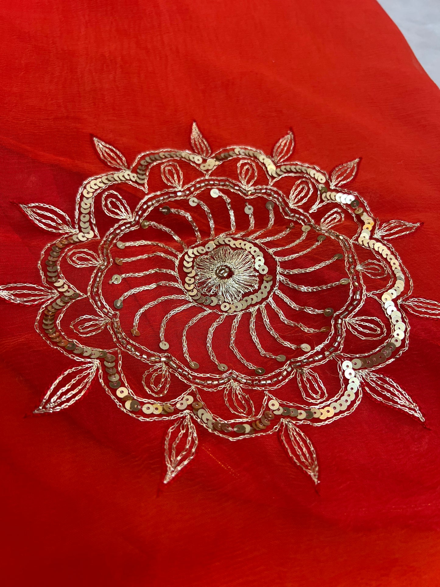 Beautiful Pure Chiffon Saree Shaded it from Pink to Orange in Lovely Handwork all over the Saree Paired with a Pure Crêpe Blouse Piece