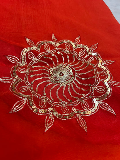 Beautiful Pure Chiffon Saree Shaded it from Pink to Orange in Lovely Handwork all over the Saree Paired with a Pure Crêpe Blouse Piece
