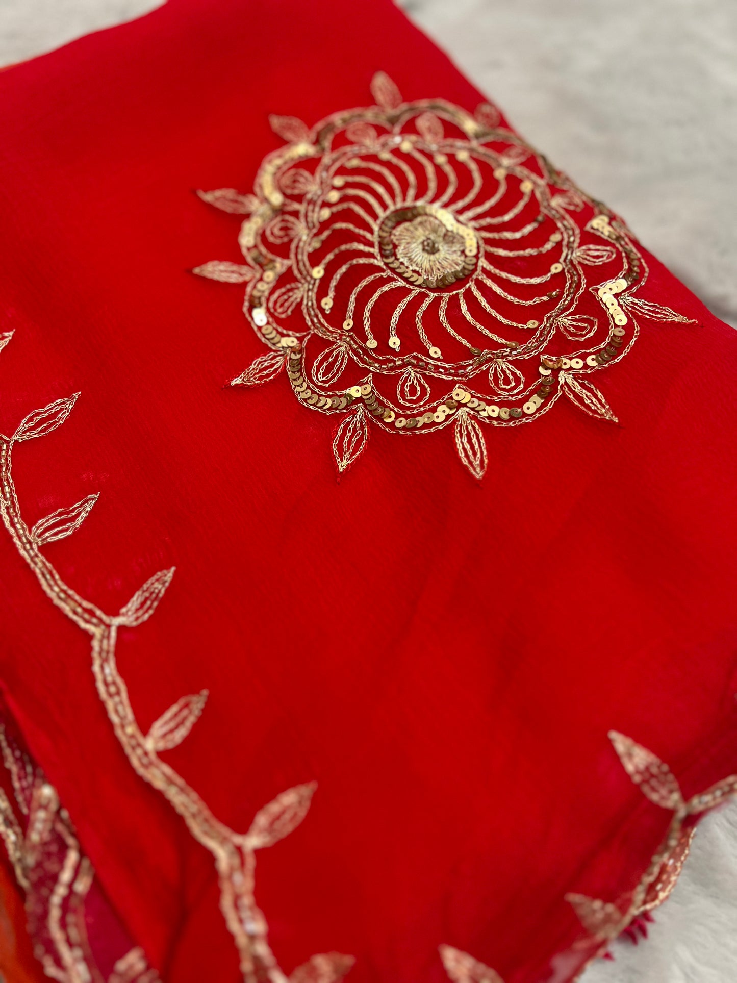 Beautiful Pure Chiffon Saree Shaded it from Pink to Orange in Lovely Handwork all over the Saree Paired with a Pure Crêpe Blouse Piece