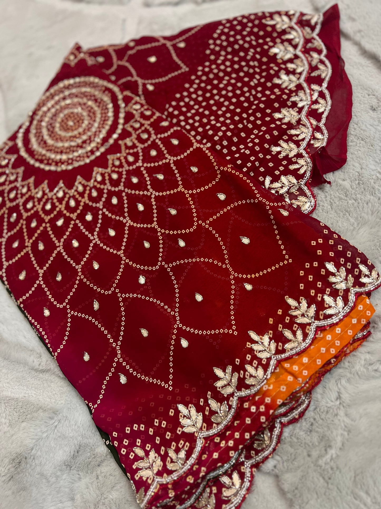 Beautiful Pachrangi Saree with Beautiful Designer Gota Work and Small Pearl Handwork