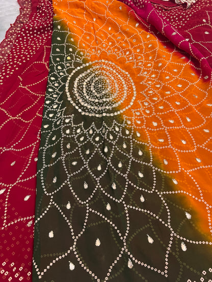 Beautiful Pachrangi Saree with Beautiful Designer Gota Work and Small Pearl Handwork