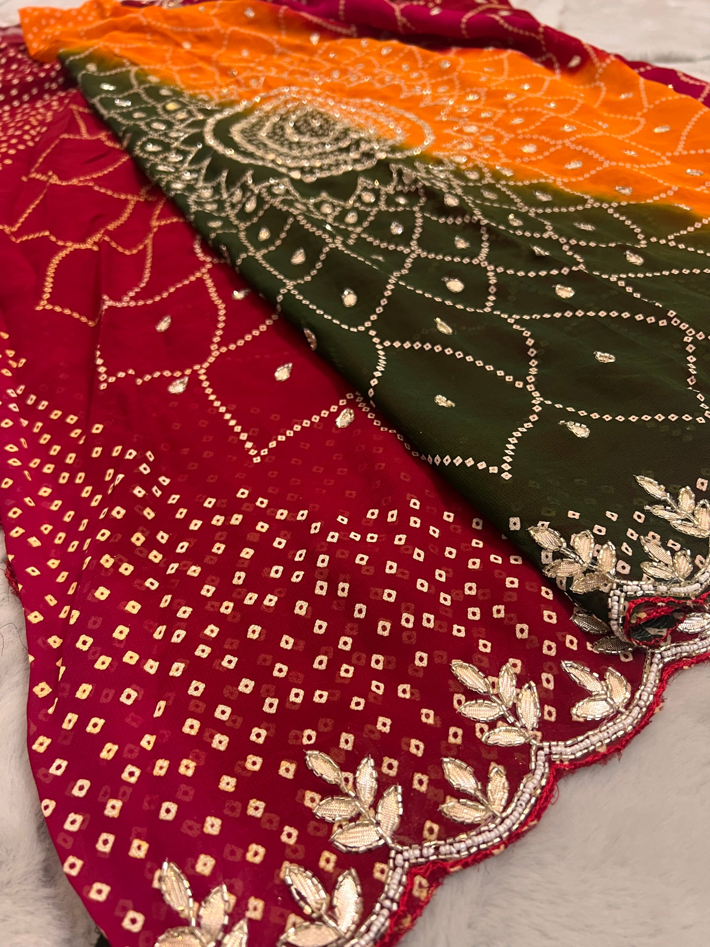 Beautiful Pachrangi Saree with Beautiful Designer Gota Work and Small Pearl Handwork