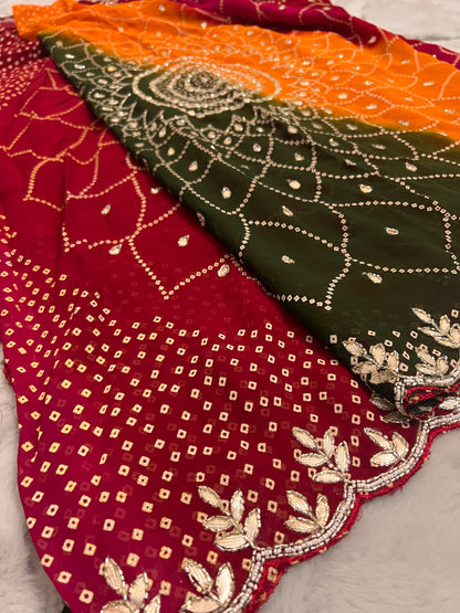 Beautiful Pachrangi Saree with Beautiful Designer Gota Work and Small Pearl Handwork