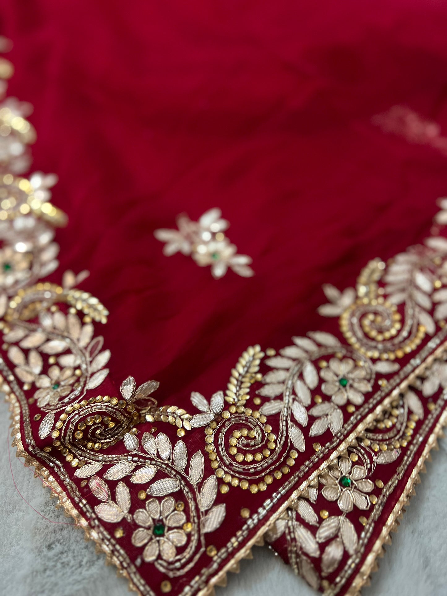 Pure Chiffon Maroon Saree With Lovely Gota Work on the Border and Blouse Piece