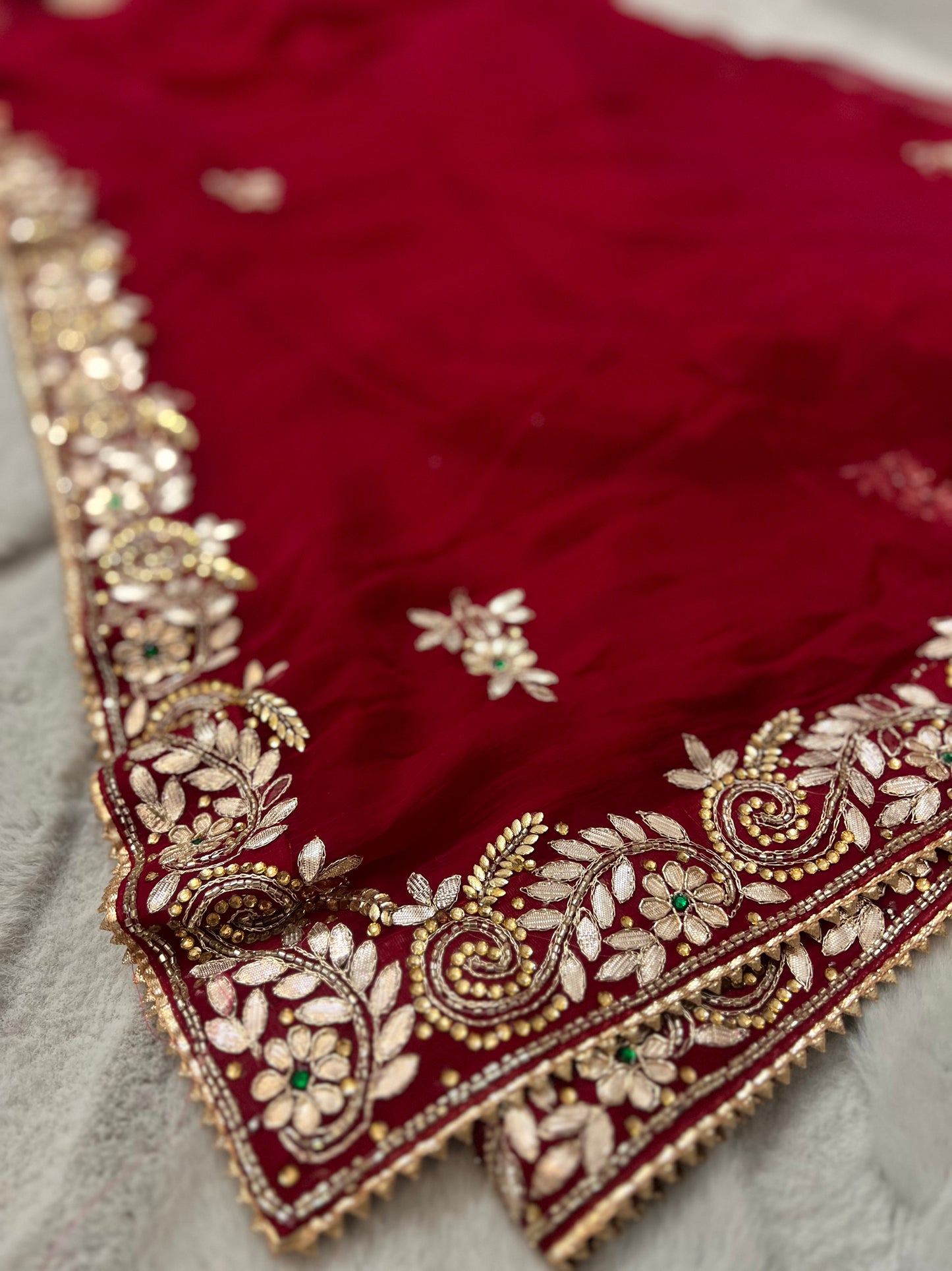 Pure Chiffon Maroon Saree With Lovely Gota Work on the Border and Blouse Piece