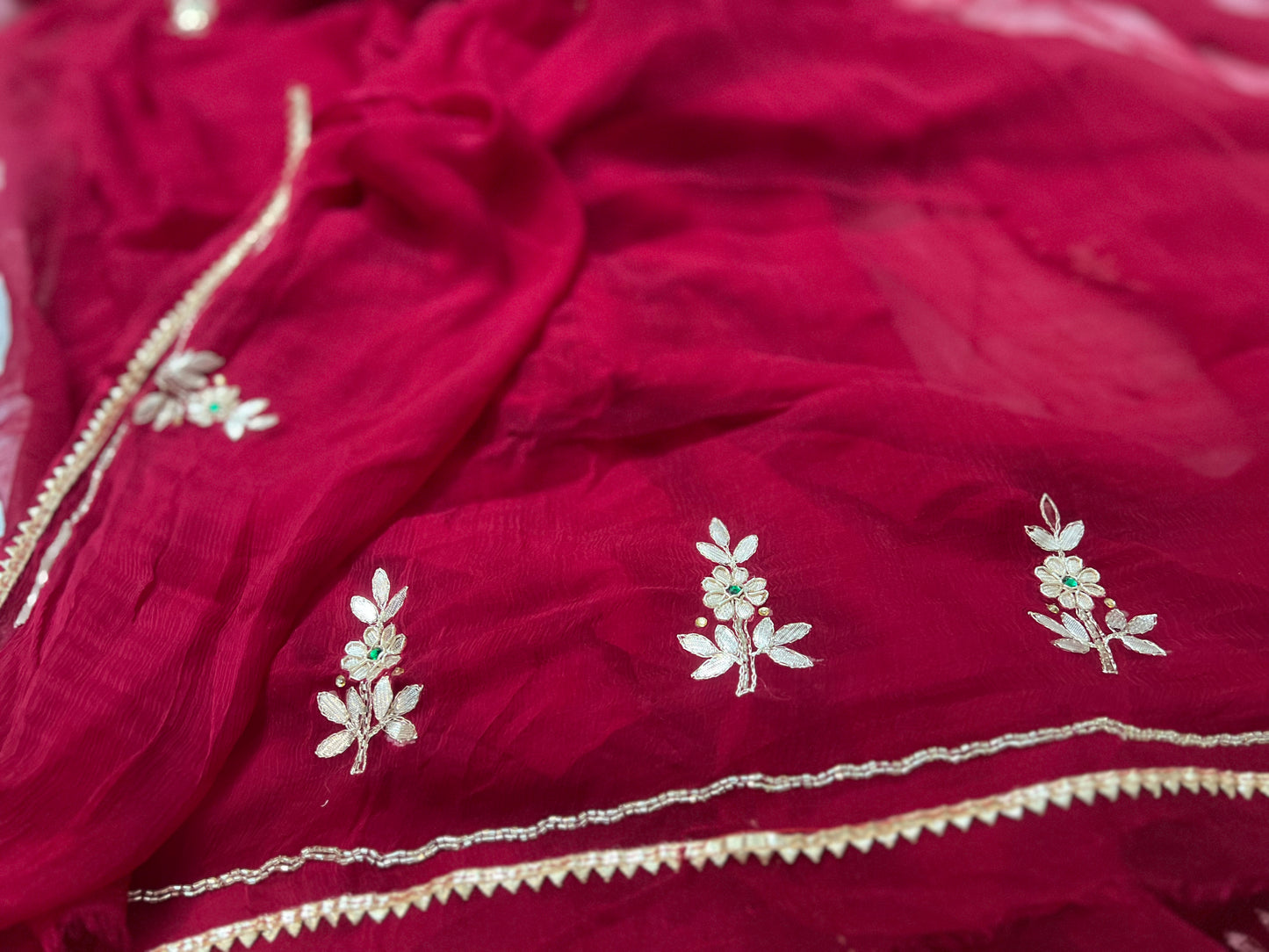 Pure Chiffon Maroon Saree With Lovely Gota Work on the Border and Blouse Piece