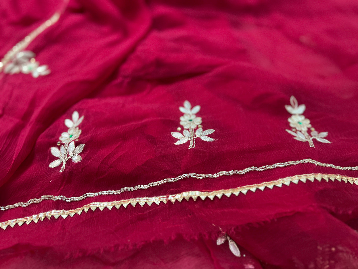 Pure Chiffon Maroon Saree With Lovely Gota Work on the Border and Blouse Piece