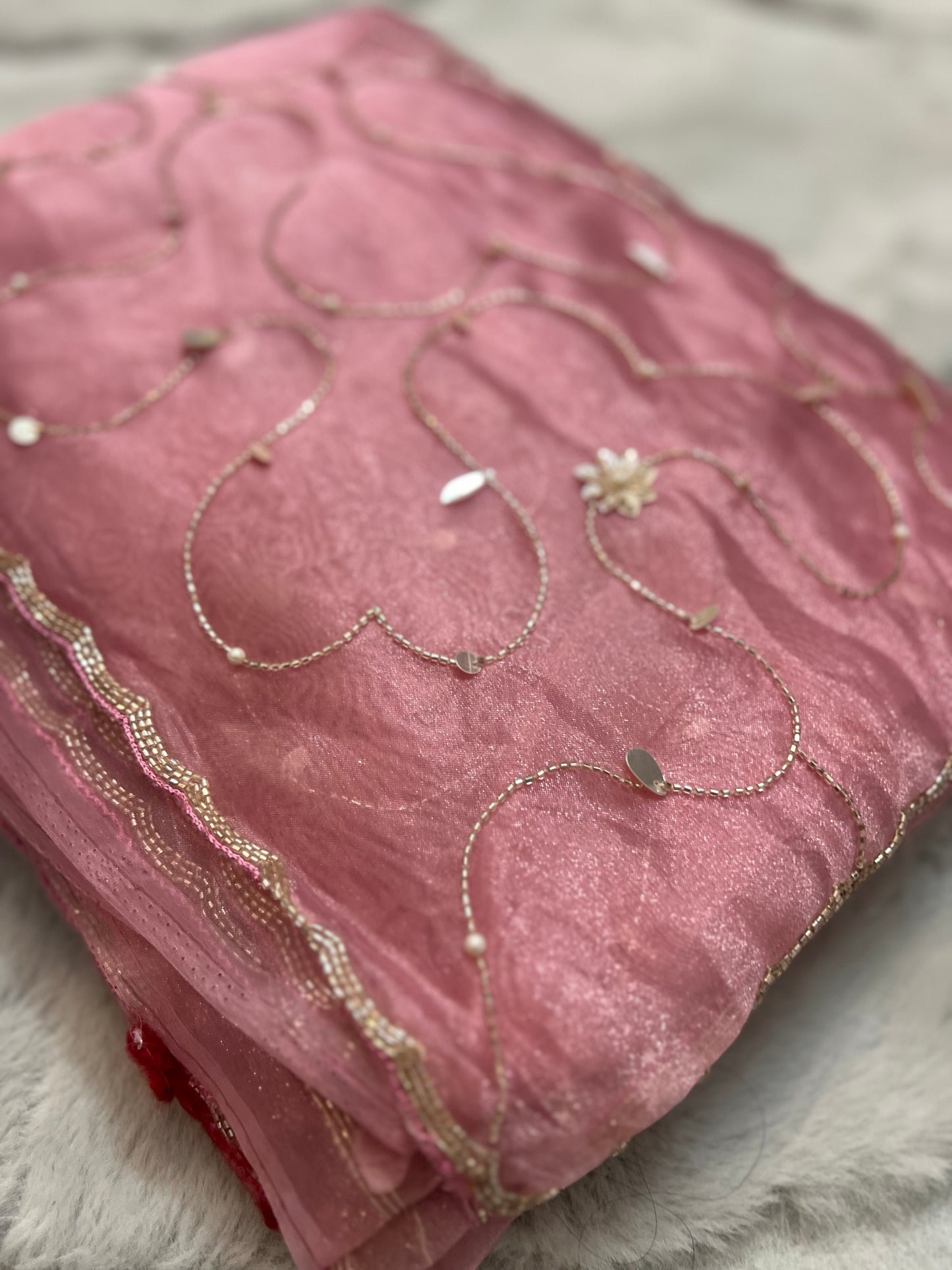 Party Wear Beautiful Baby Pink Fendy Tissue Heavy Jaal Work Saree with Heavy Blouse Piece in Baby pink colour