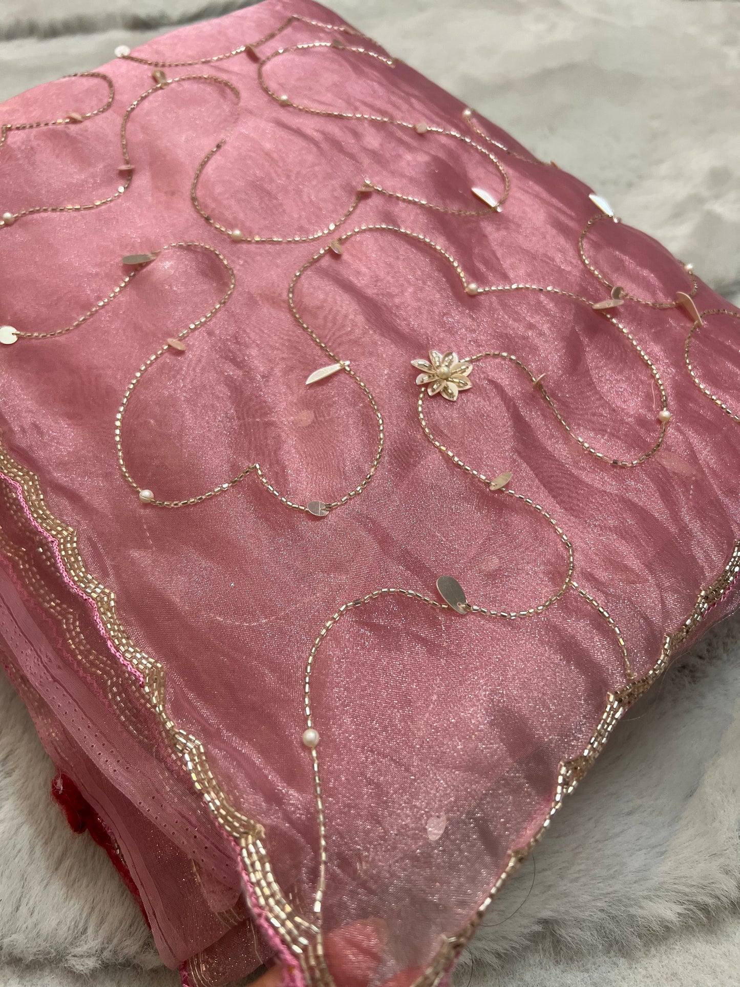 Party Wear Beautiful Baby Pink Fendy Tissue Heavy Jaal Work Saree with Heavy Blouse Piece in Baby pink colour