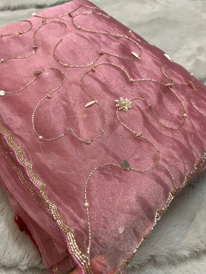 Party Wear Beautiful Baby Pink Fendy Tissue Heavy Jaal Work Saree with Heavy Blouse Piece in Baby pink colour