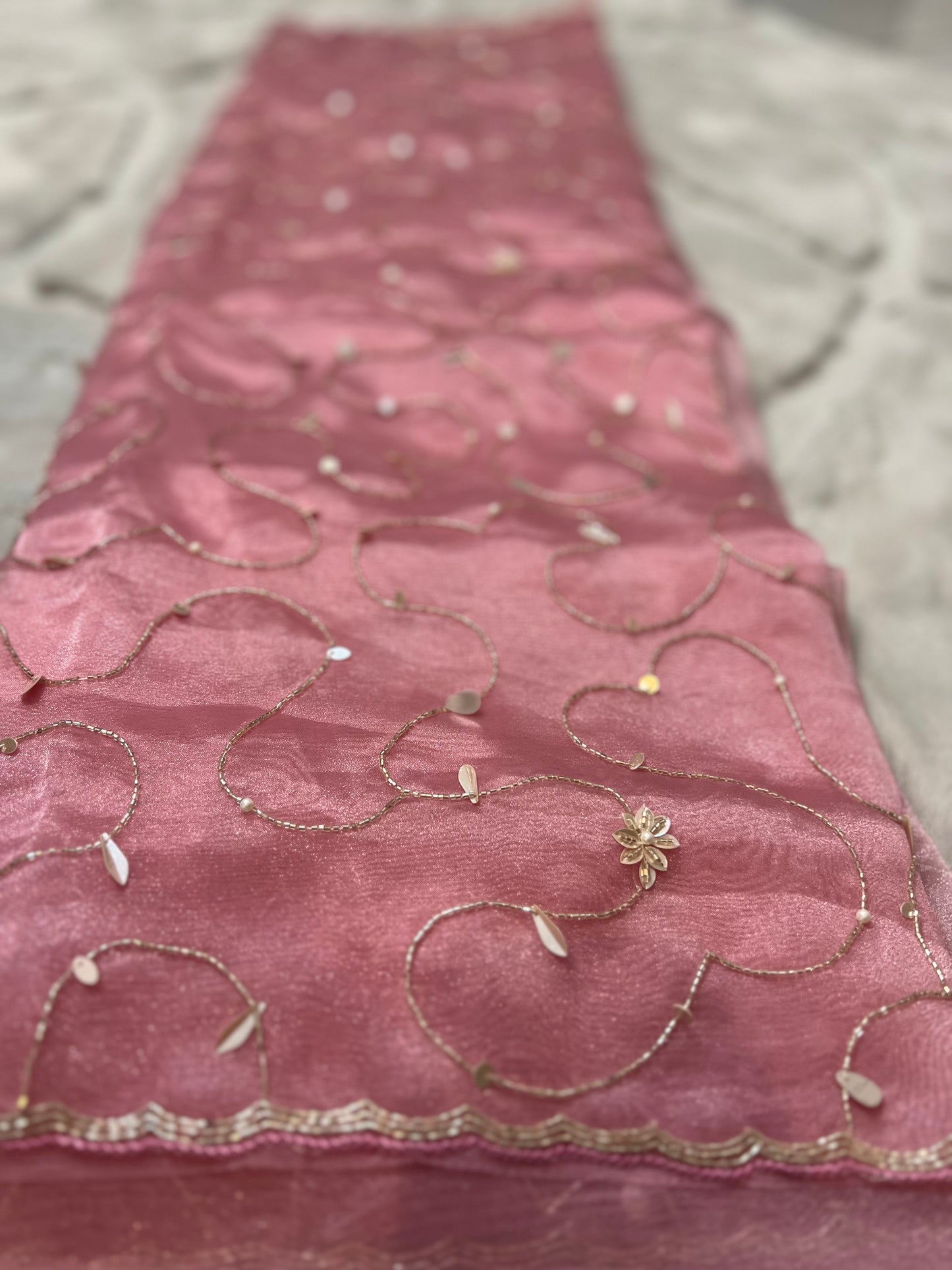 Party Wear Beautiful Baby Pink Fendy Tissue Heavy Jaal Work Saree with Heavy Blouse Piece in Baby pink colour