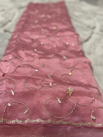 Party Wear Beautiful Baby Pink Fendy Tissue Heavy Jaal Work Saree with Heavy Blouse Piece in Baby pink colour