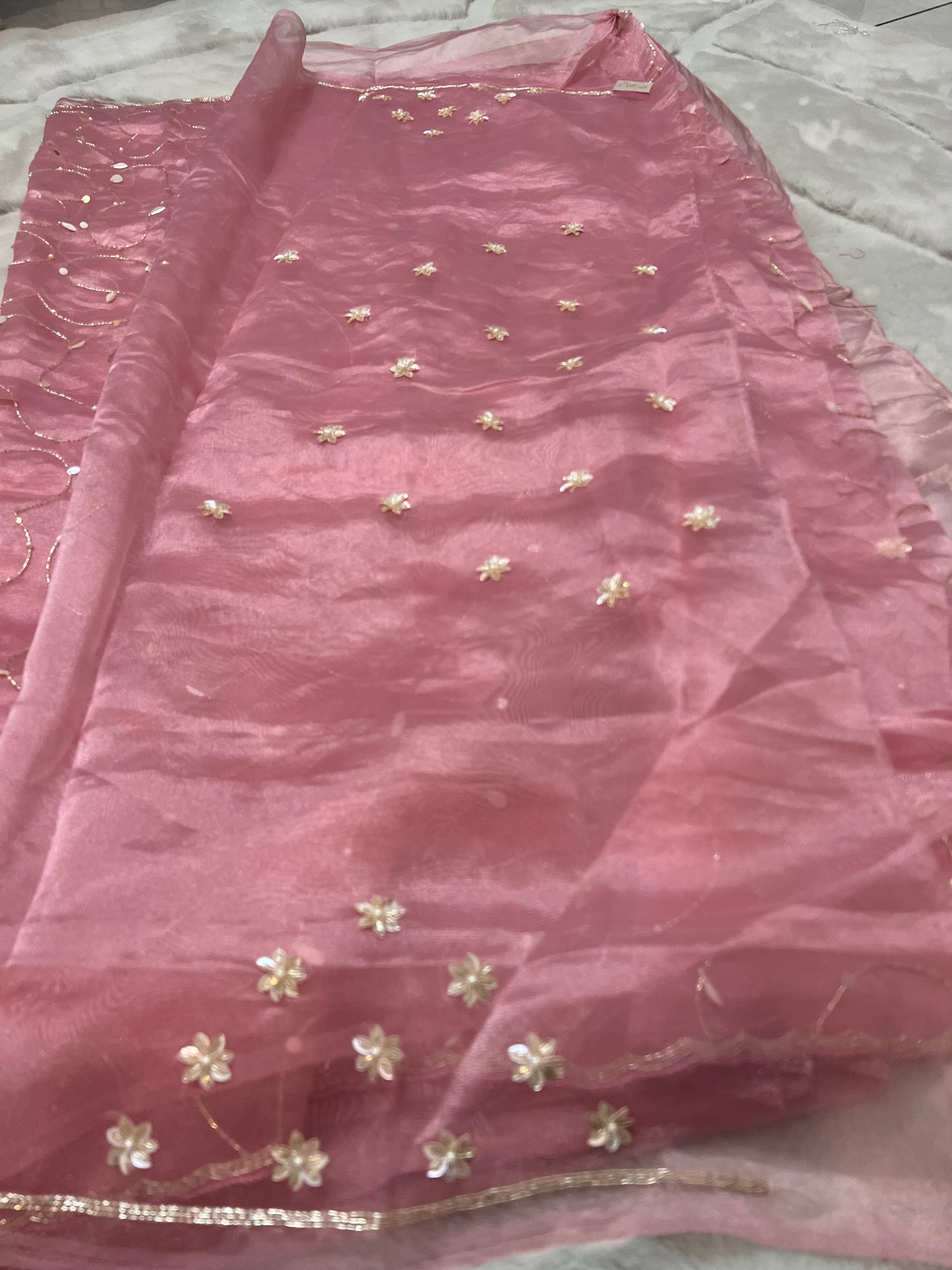 Party Wear Beautiful Baby Pink Fendy Tissue Heavy Jaal Work Saree with Heavy Blouse Piece in Baby pink colour