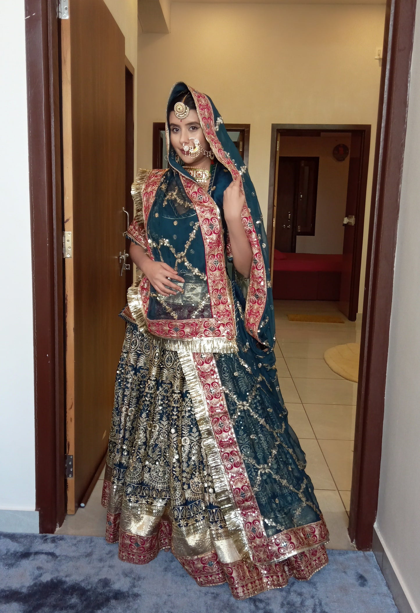 Beautiful Traditional Full Ghera Heavy Poshak in Peacock Blue Colour (Stitched)