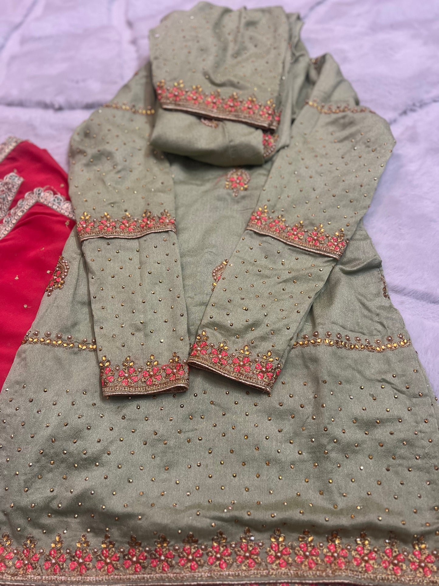 Heavy Punjabi Suit with Stone and Thread Work with Full Flaire Patayala Salwar and Heavy Work Duppatta