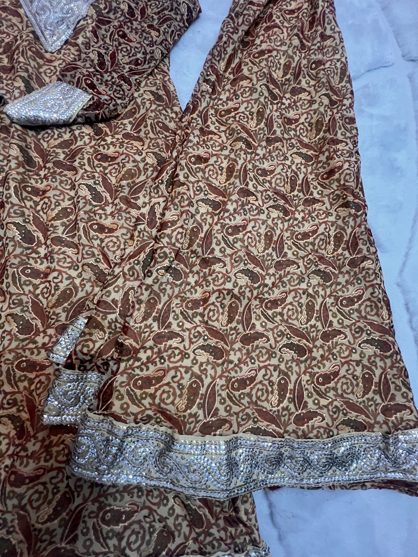 Soft Georgette Designer Suit, Long Kurta with full Sleeves, Full Flair, Palazo and Heavy work Designer Dupatta