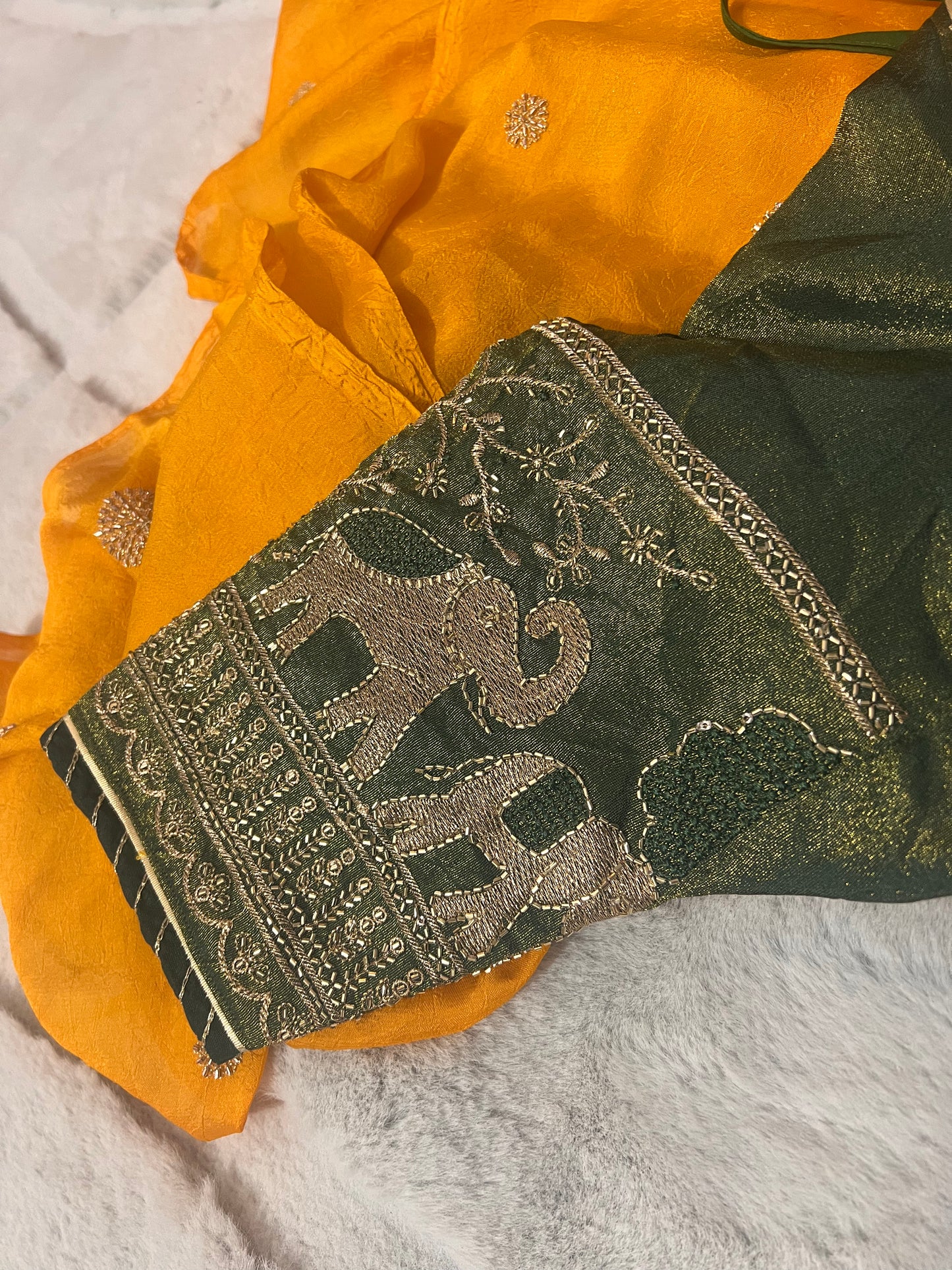 Designer Crepe Yellow Saree with Fendy Tissue Elephant Design Kanchli Blouse