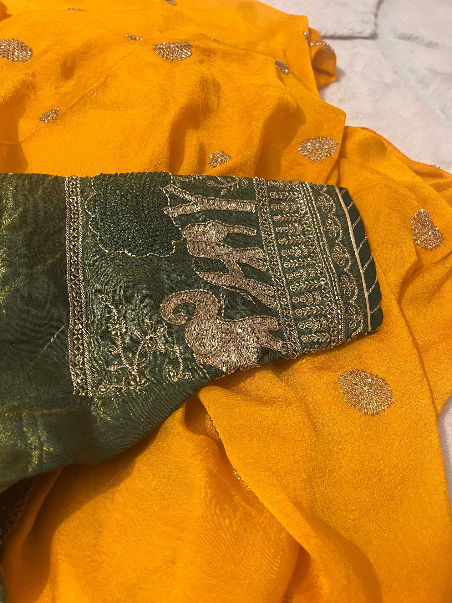 Designer Crepe Yellow Saree with Fendy Tissue Elephant Design Kanchli Blouse