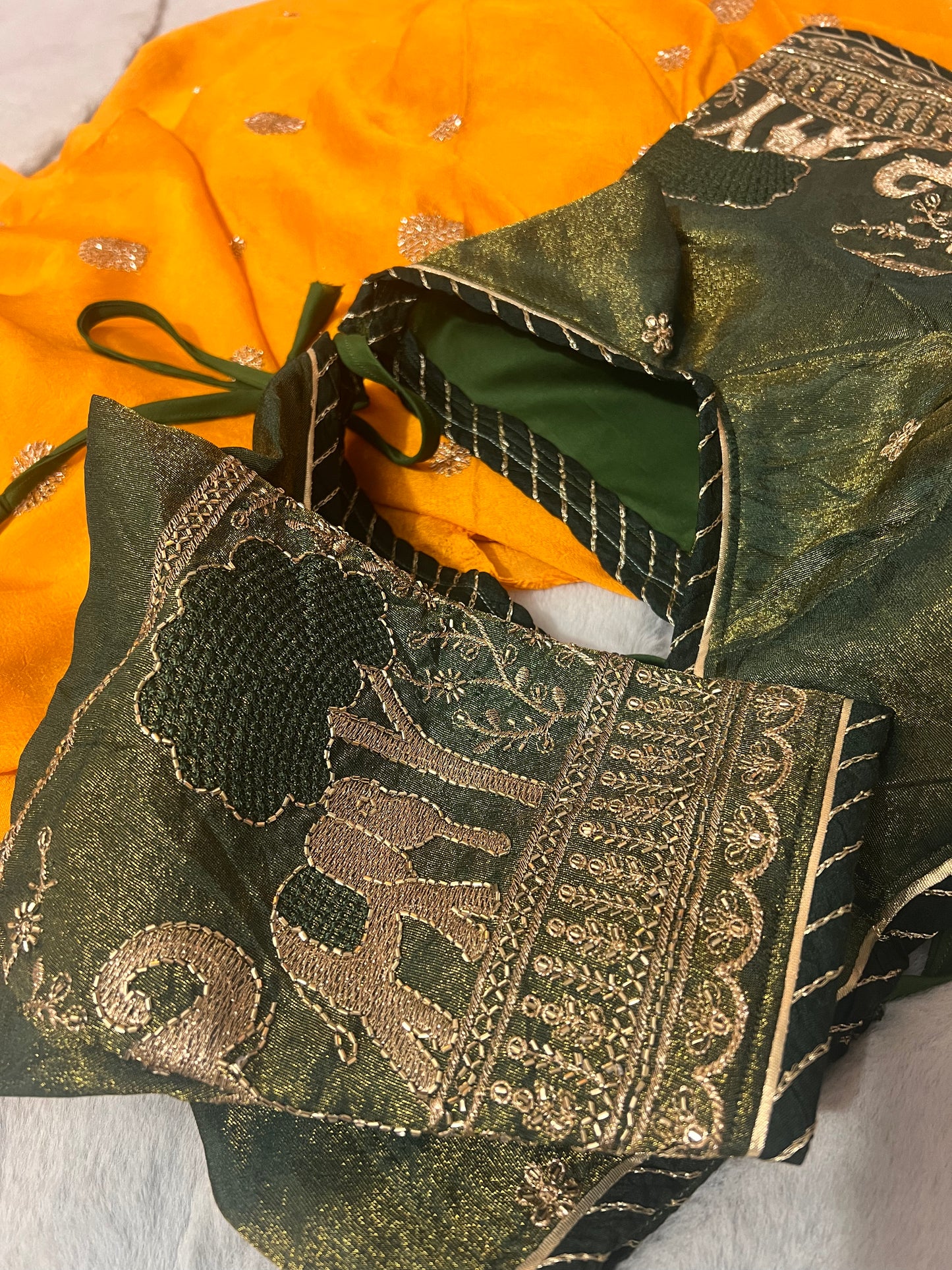 Designer Crepe Yellow Saree with Fendy Tissue Elephant Design Kanchli Blouse