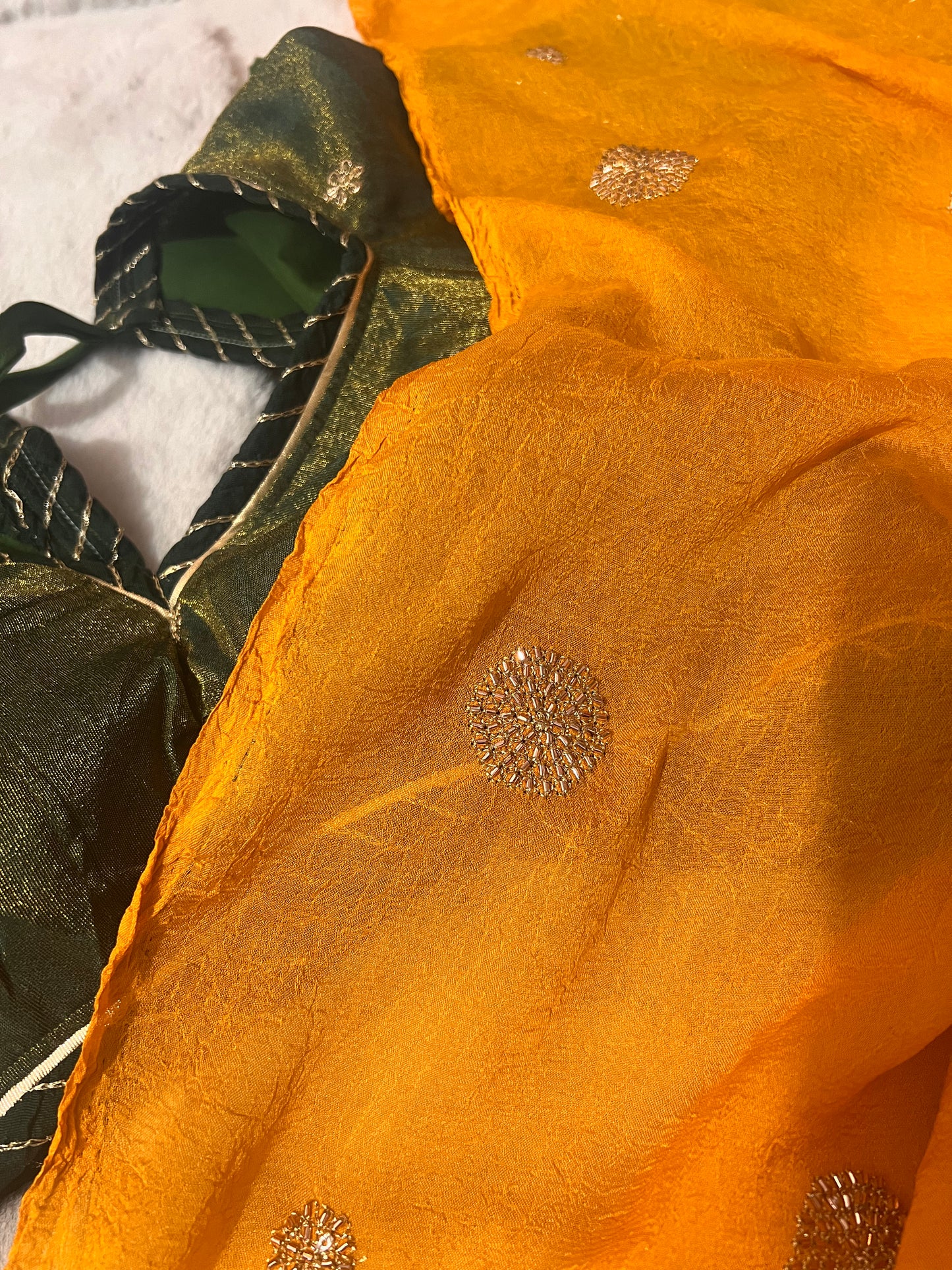 Designer Crepe Yellow Saree with Fendy Tissue Elephant Design Kanchli Blouse