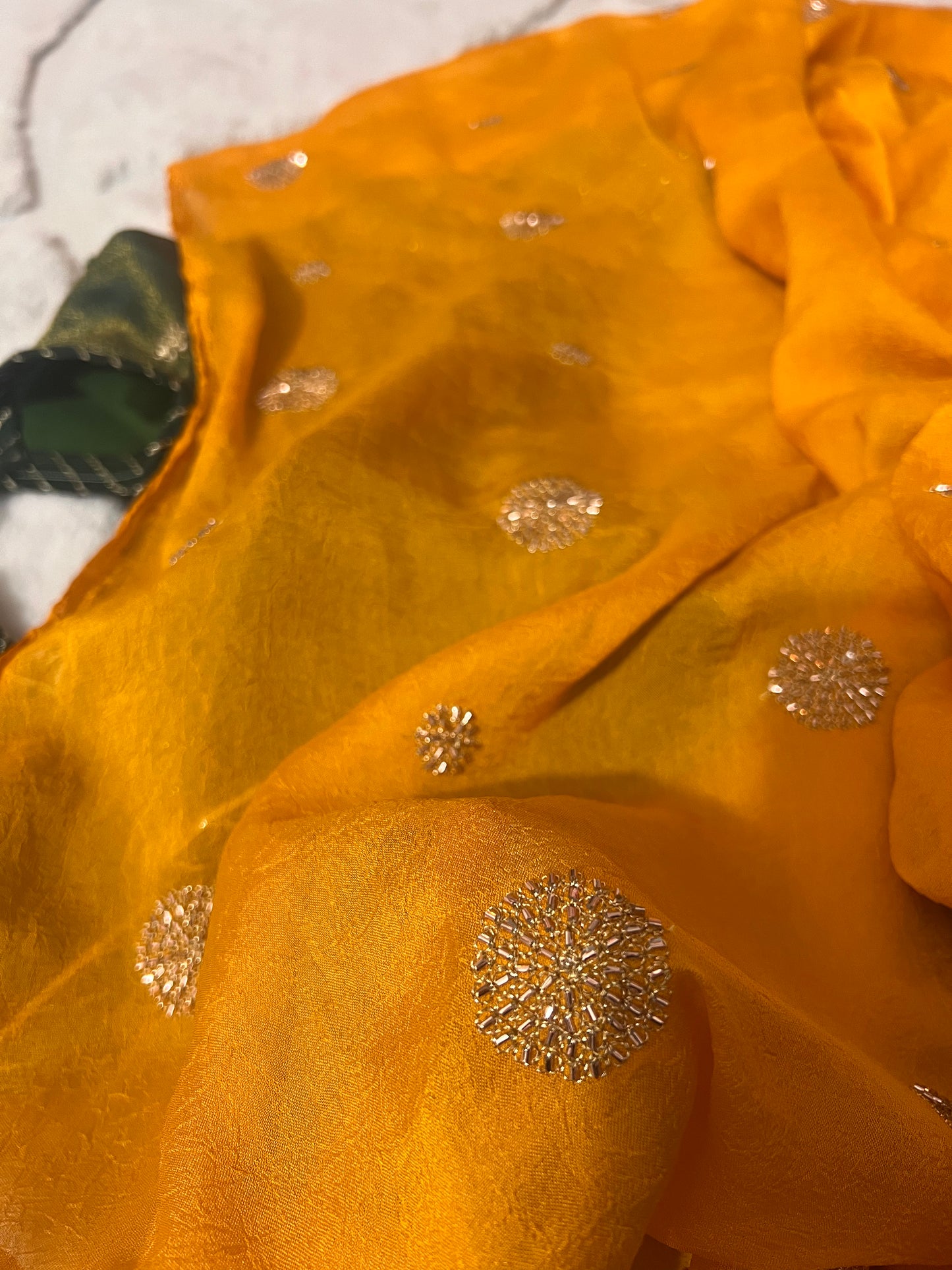 Designer Crepe Yellow Saree with Fendy Tissue Elephant Design Kanchli Blouse