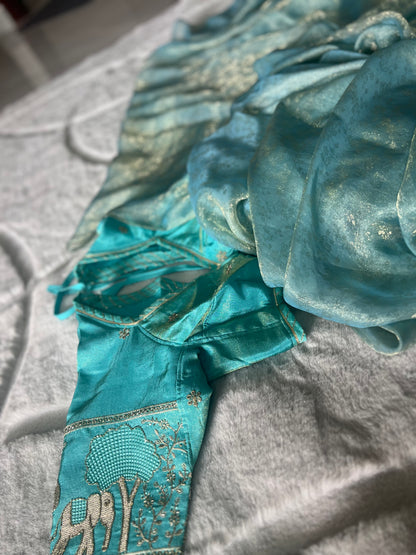 Beautiful Designer Soft Organza Saree with Designer Fandy Tissue Elephant Kanchli Blouse