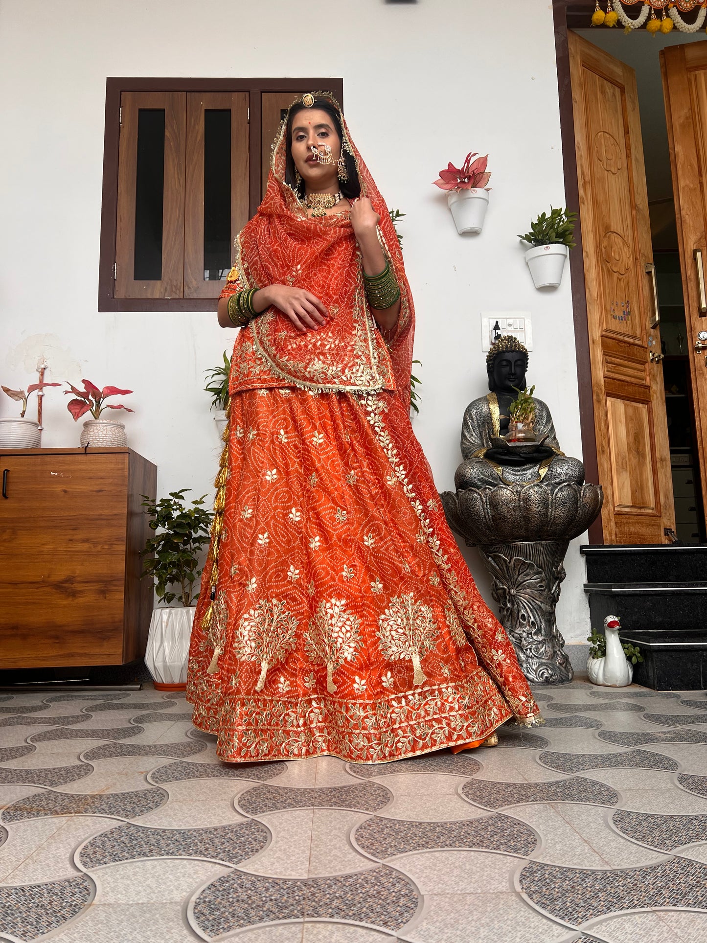 Bandhini with Gota Patti Work Full Ghera Poshak (Unstitched)