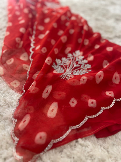 Red Soft Chiffon Bandhnai Saree
