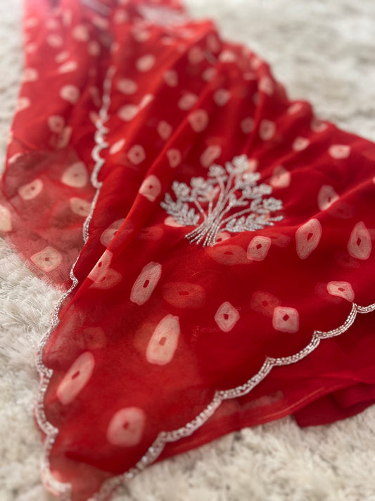 Red Soft Chiffon Bandhnai Saree