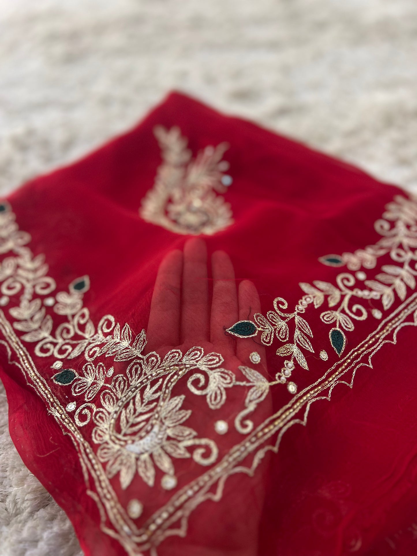 Pure Chiffon Pita Work, Sari with Green Crêpe Blouse Piece with Peta Work Saree