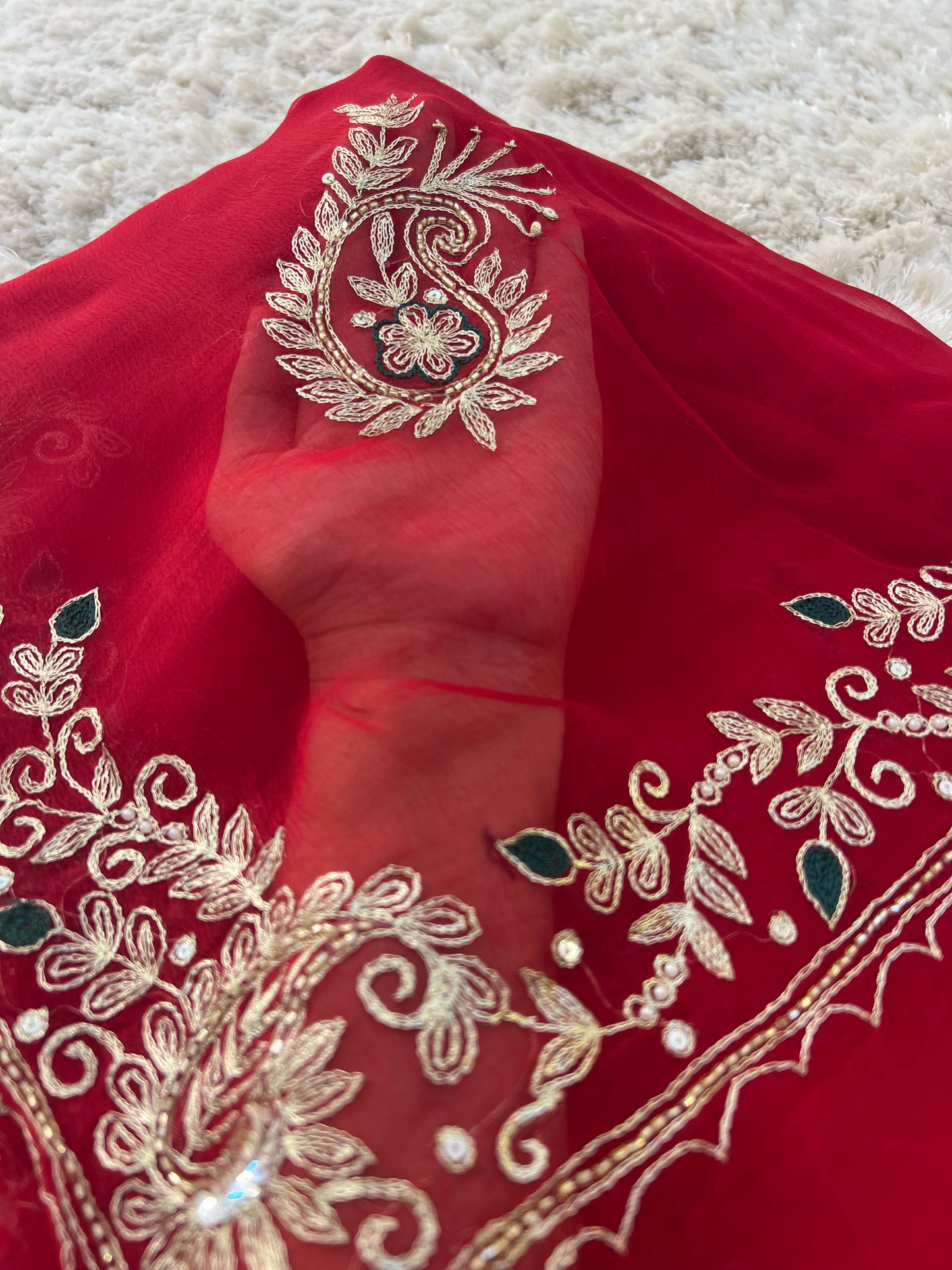 Pure Chiffon Pita Work, Sari with Green Crêpe Blouse Piece with Peta Work Saree