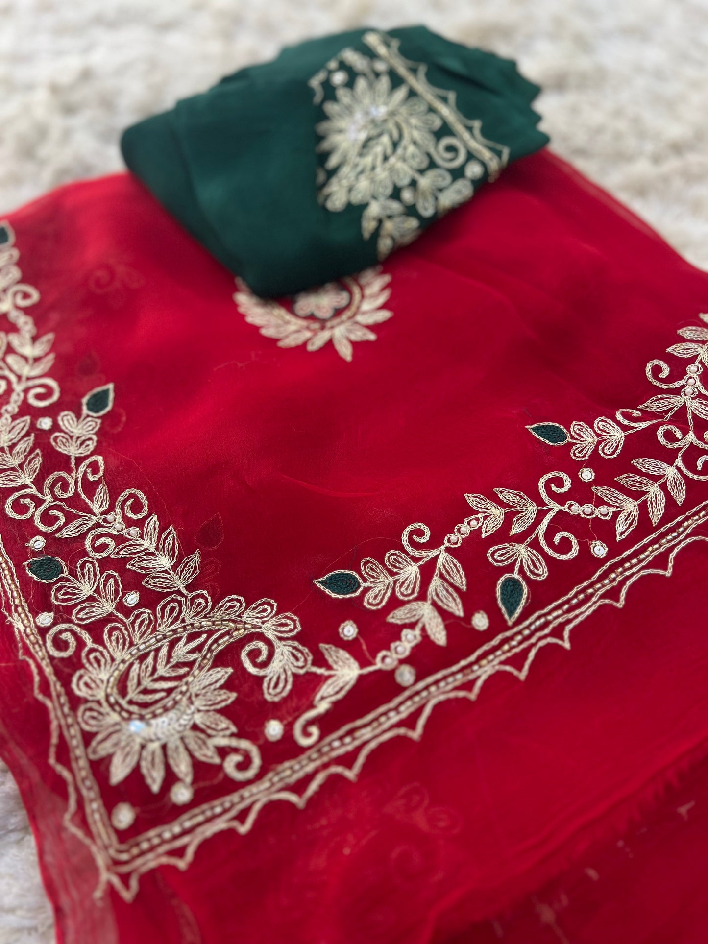 Pure Chiffon Pita Work, Sari with Green Crêpe Blouse Piece with Peta Work Saree