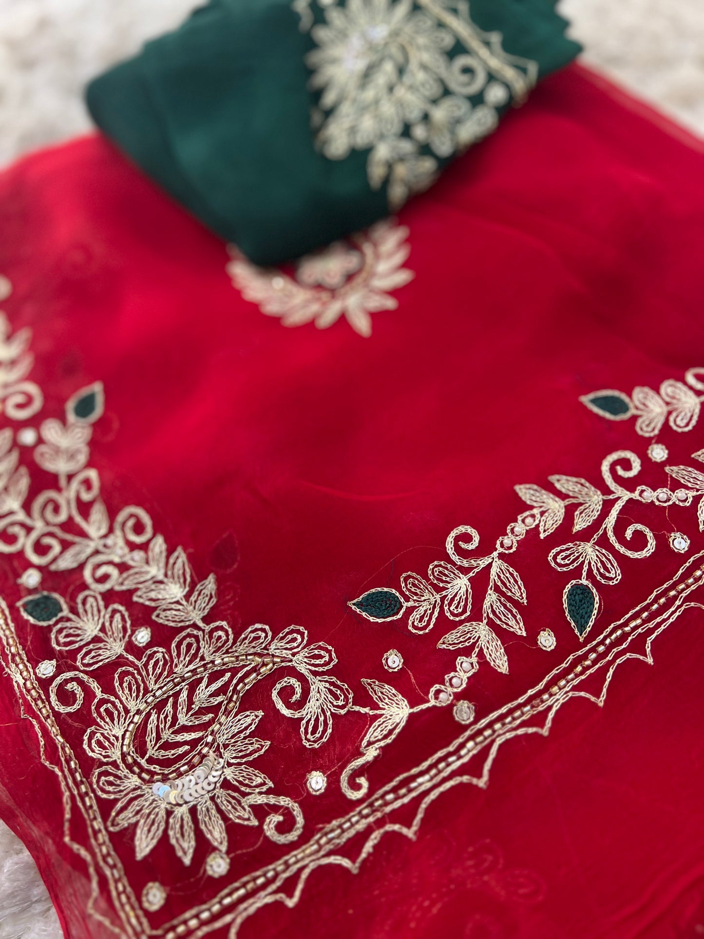 Pure Chiffon Pita Work, Sari with Green Crêpe Blouse Piece with Peta Work Saree