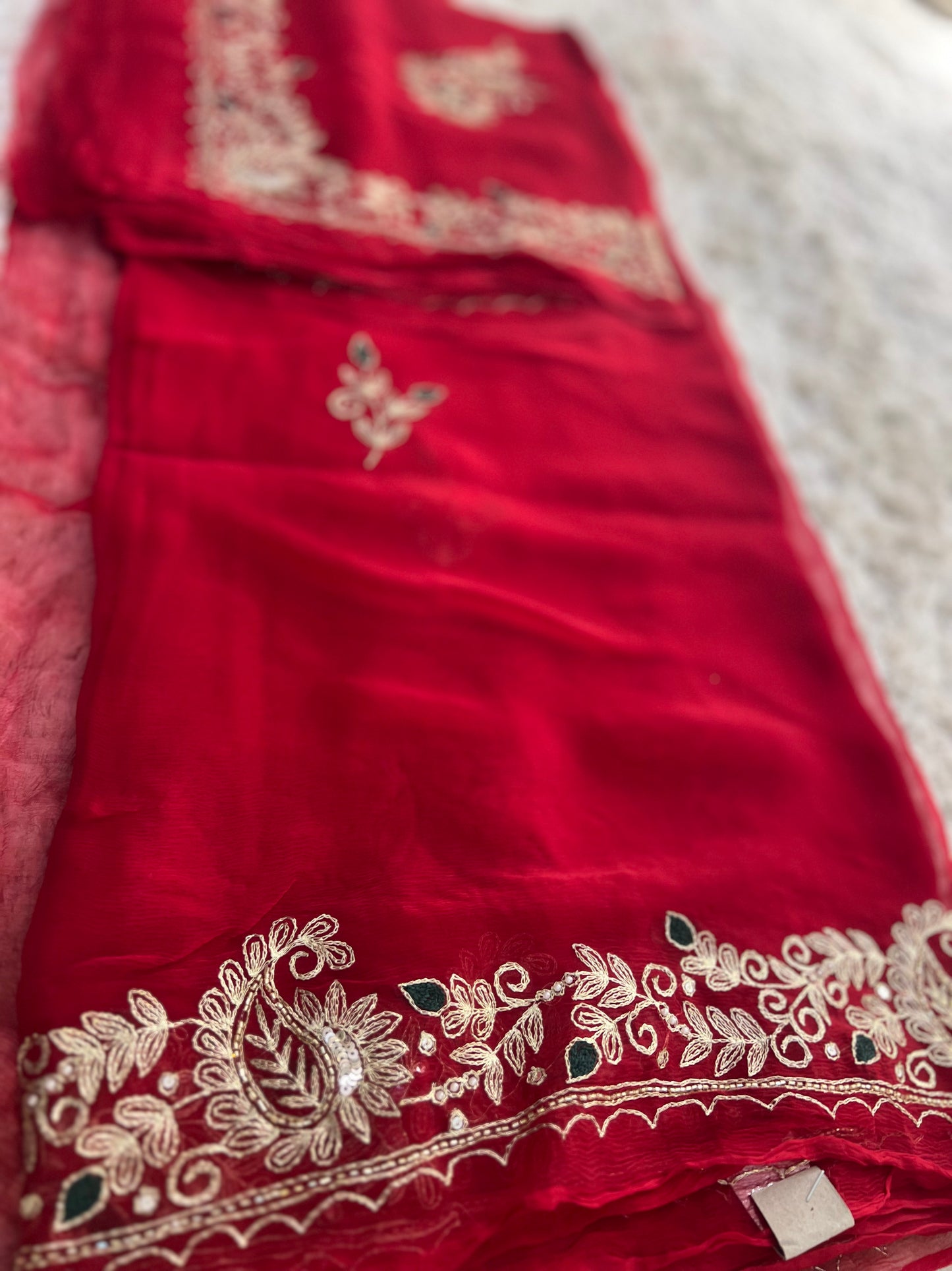 Pure Chiffon Pita Work, Sari with Green Crêpe Blouse Piece with Peta Work Saree