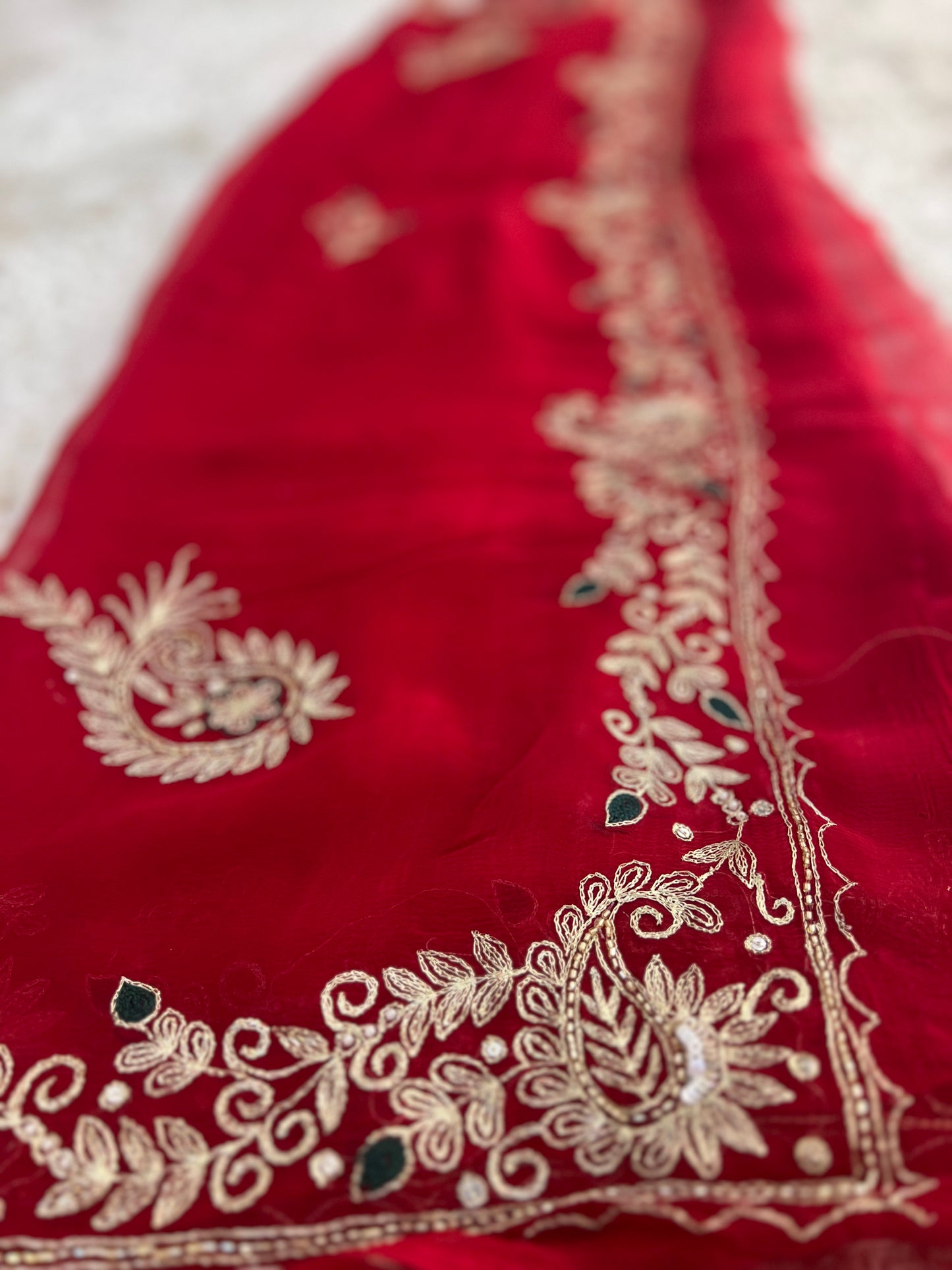 Pure Chiffon Pita Work, Sari with Green Crêpe Blouse Piece with Peta Work Saree