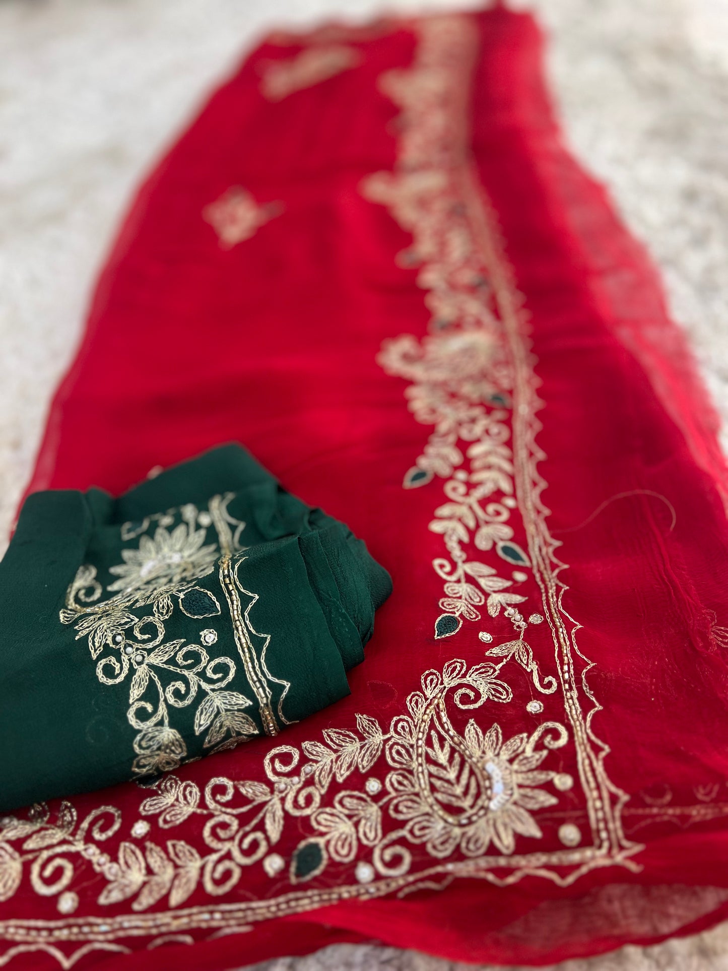 Pure Chiffon Pita Work, Sari with Green Crêpe Blouse Piece with Peta Work Saree