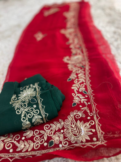 Pure Chiffon Pita Work, Sari with Green Crêpe Blouse Piece with Peta Work Saree