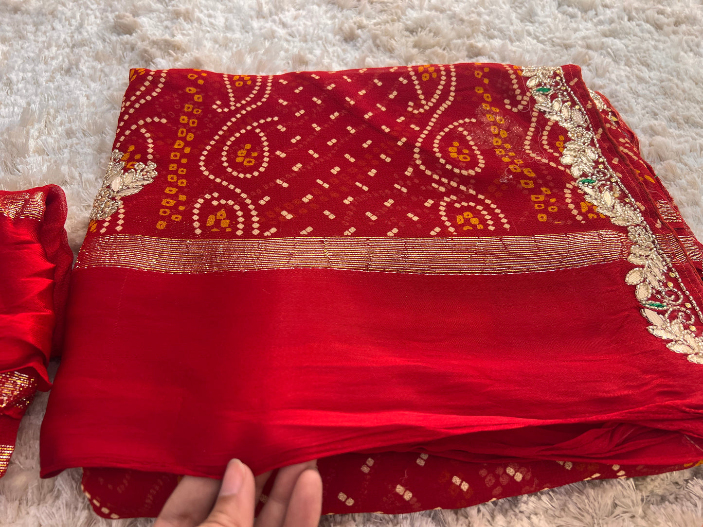 Pure Georgette Bandini Saree with Satin Border and Gota Stonework