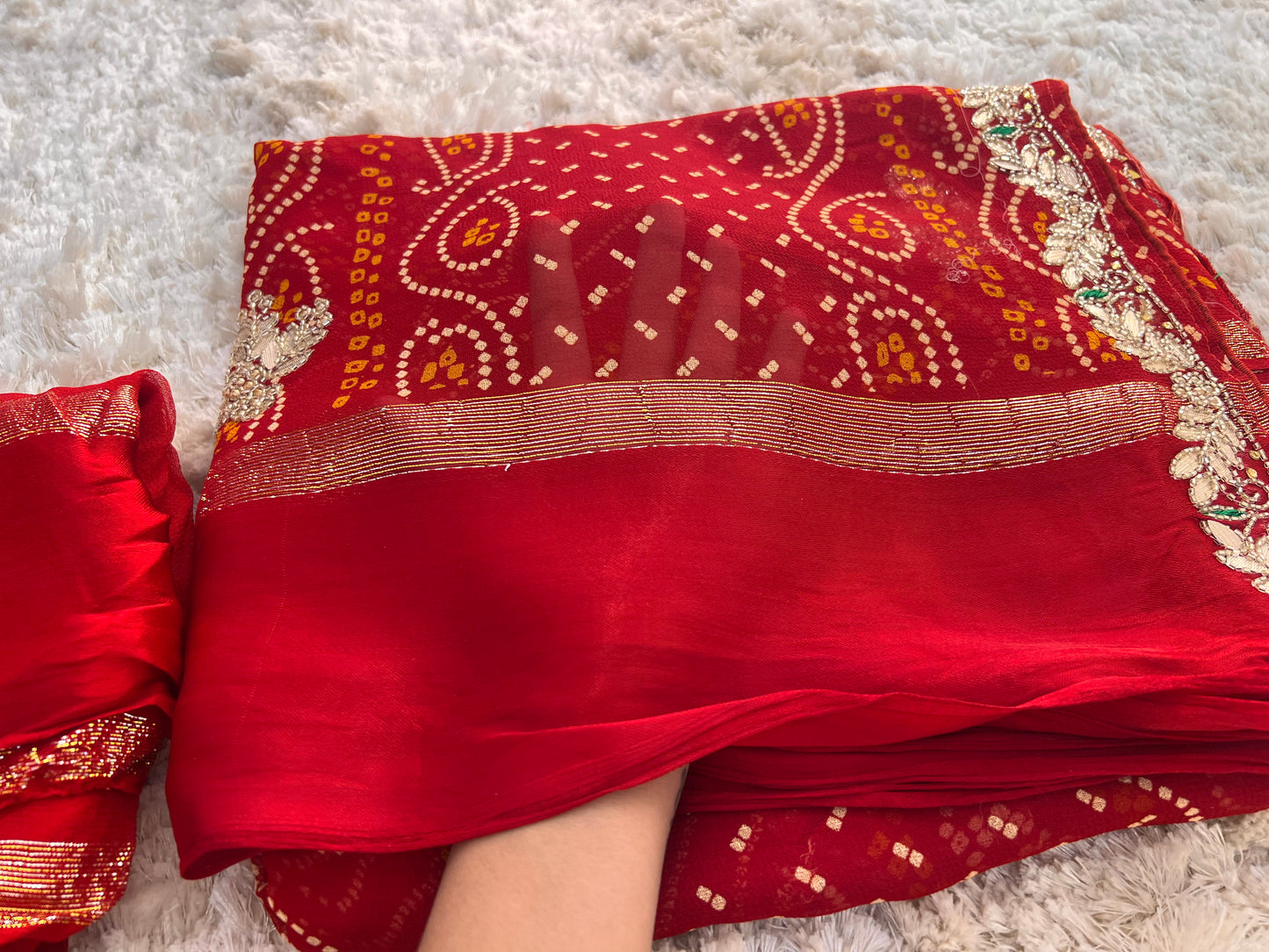 Pure Georgette Bandini Saree with Satin Border and Gota Stonework