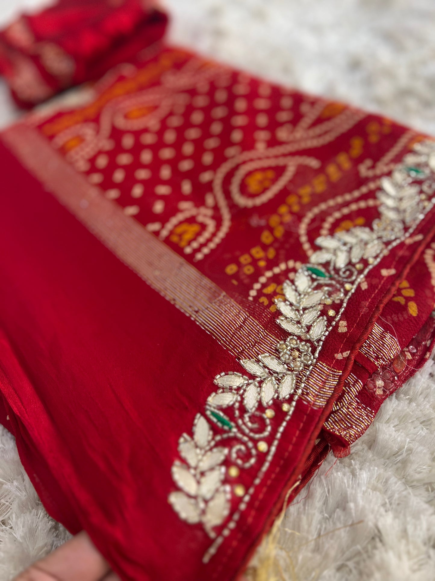 Pure Georgette Bandini Saree with Satin Border and Gota Stonework