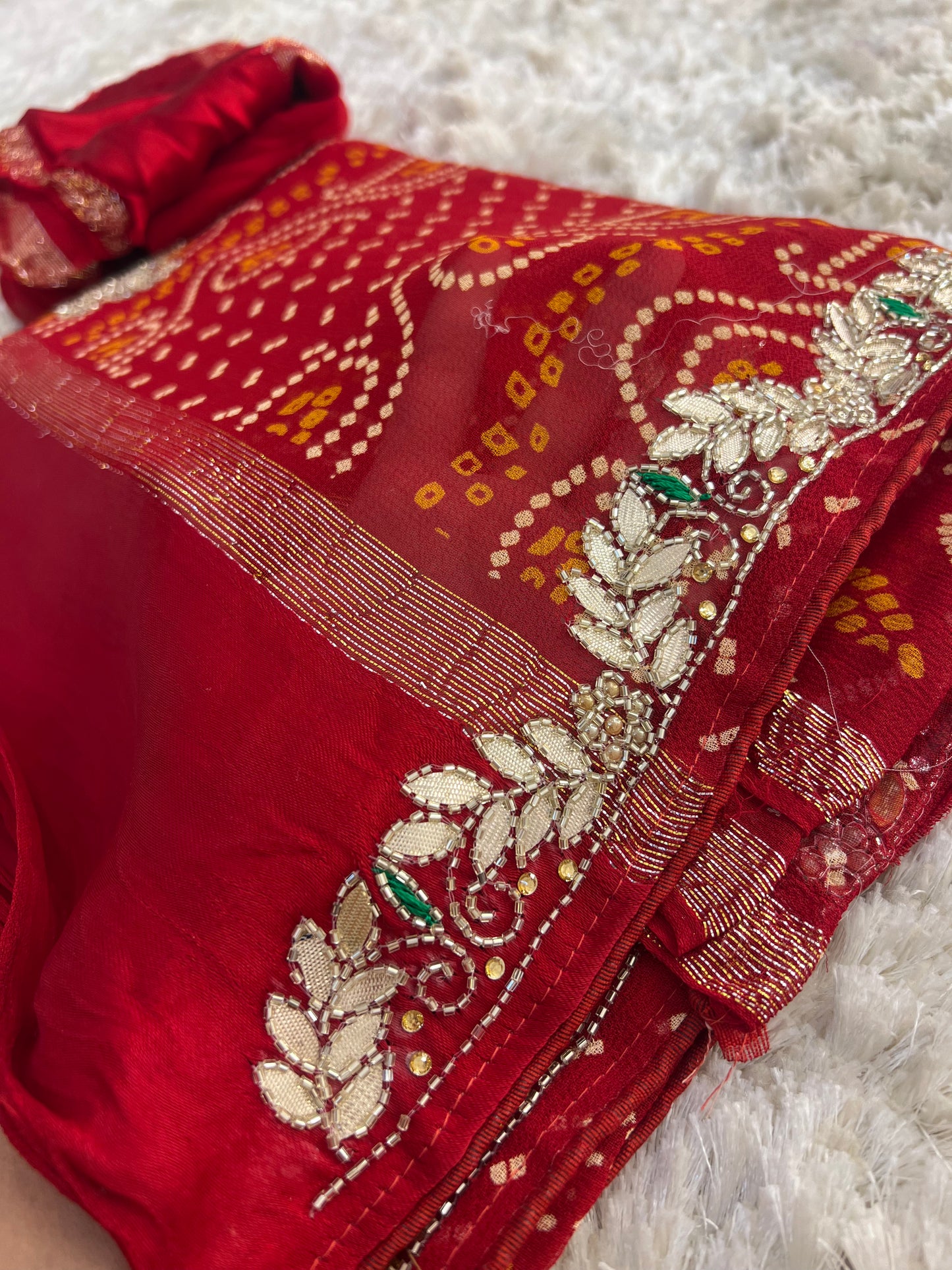 Pure Georgette Bandini Saree with Satin Border and Gota Stonework