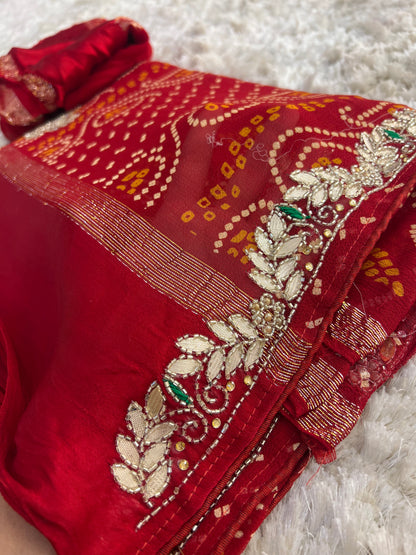 Pure Georgette Bandini Saree with Satin Border and Gota Stonework