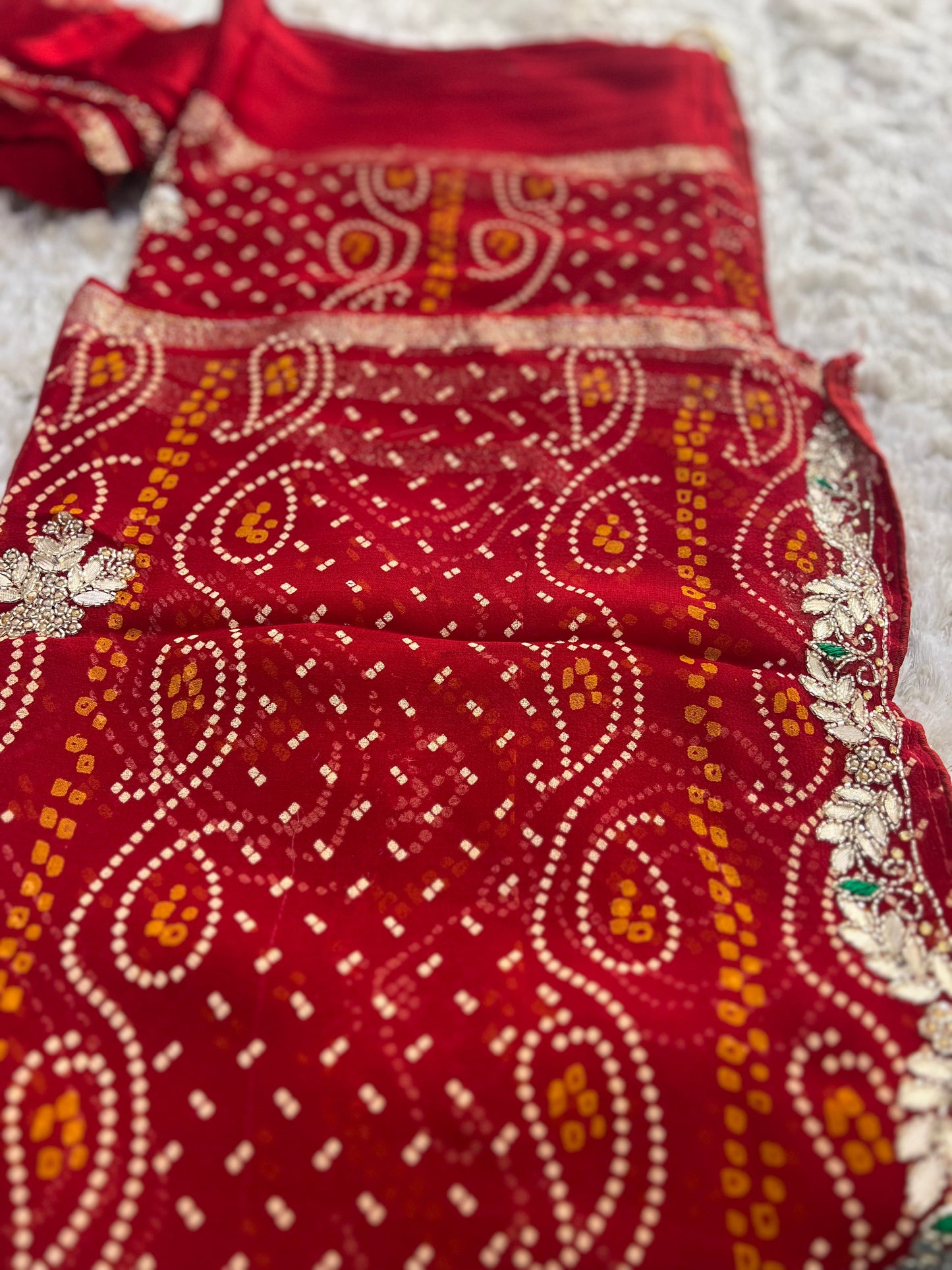 Pure Georgette Bandini Saree with Satin Border and Gota Stonework