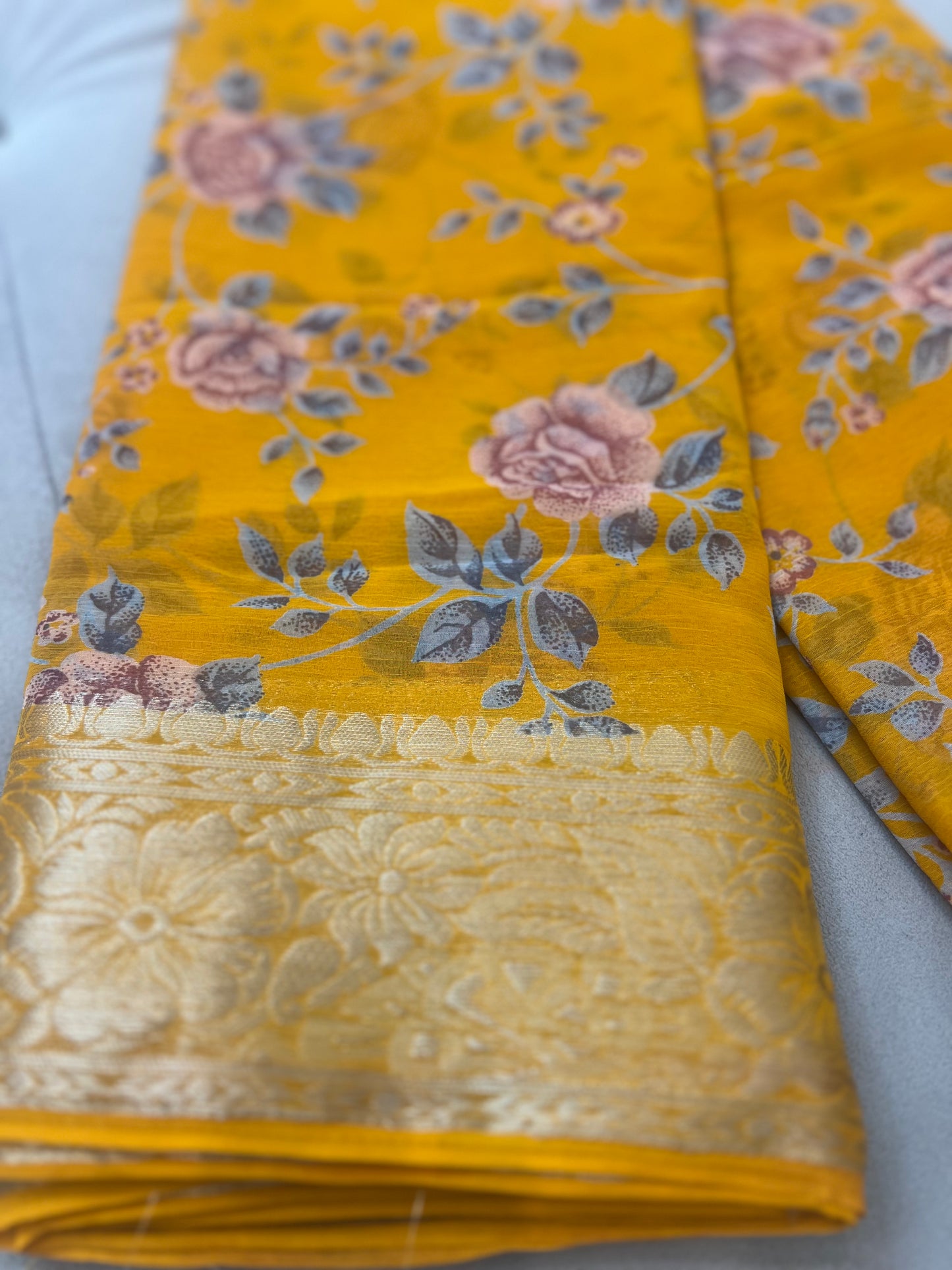 Mustard Yellow Beautiful Printed Crepe Sarees with Heavy Border and Same Blouse Piece