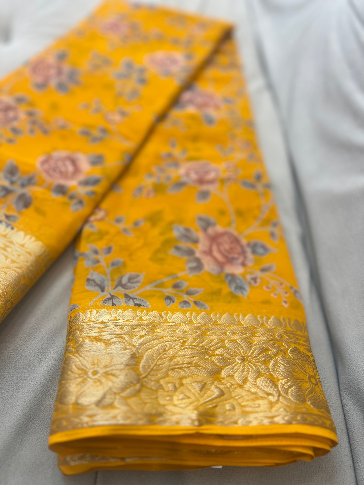 Mustard Yellow Beautiful Printed Crepe Sarees with Heavy Border and Same Blouse Piece