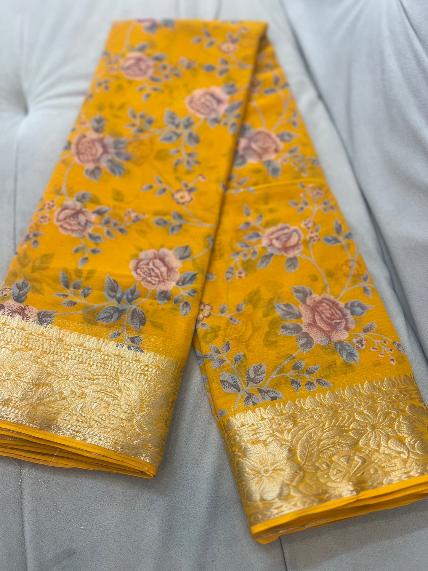 Mustard Yellow Beautiful Printed Crepe Sarees with Heavy Border and Same Blouse Piece