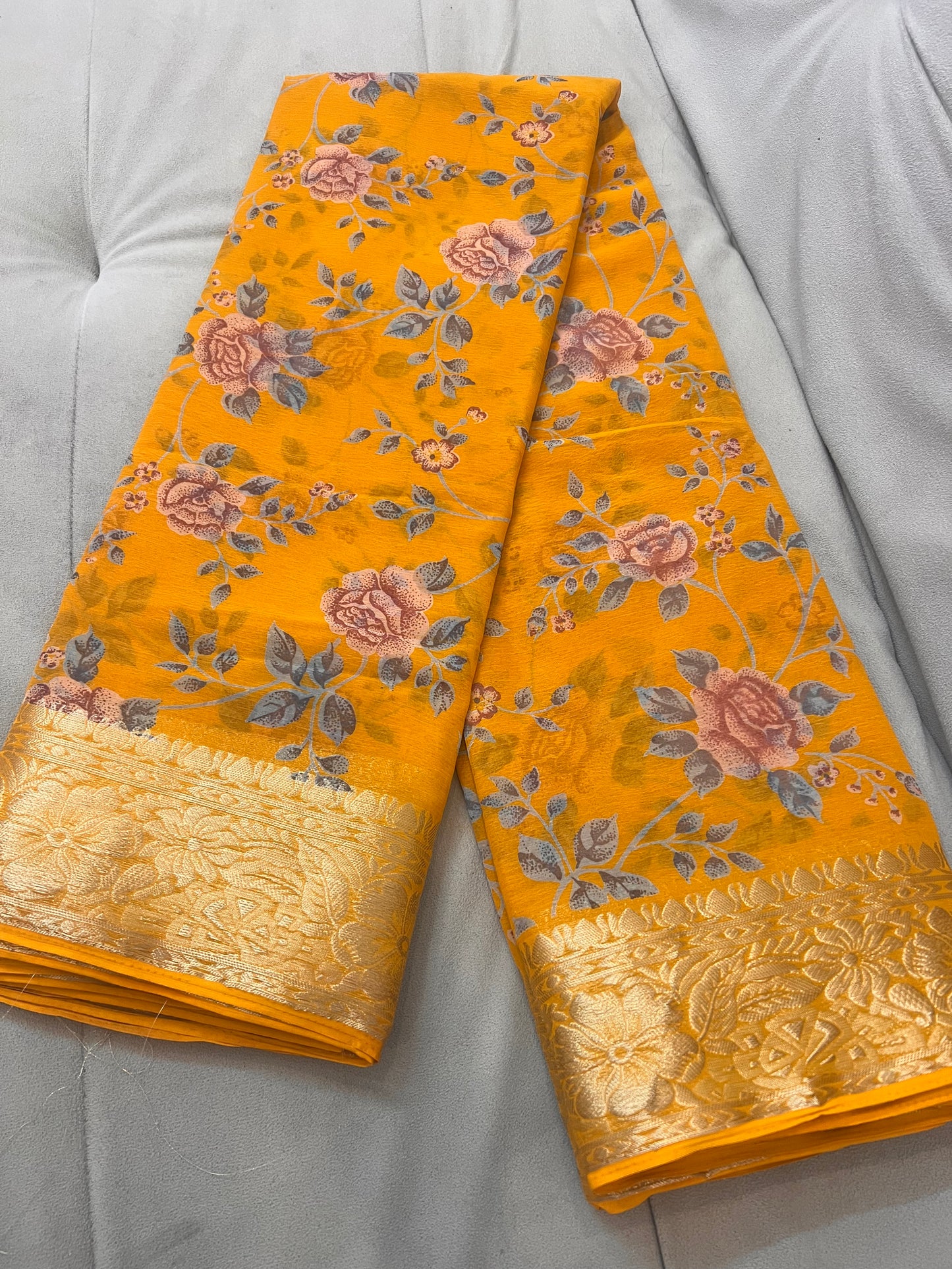 Mustard Yellow Beautiful Printed Crepe Sarees with Heavy Border and Same Blouse Piece