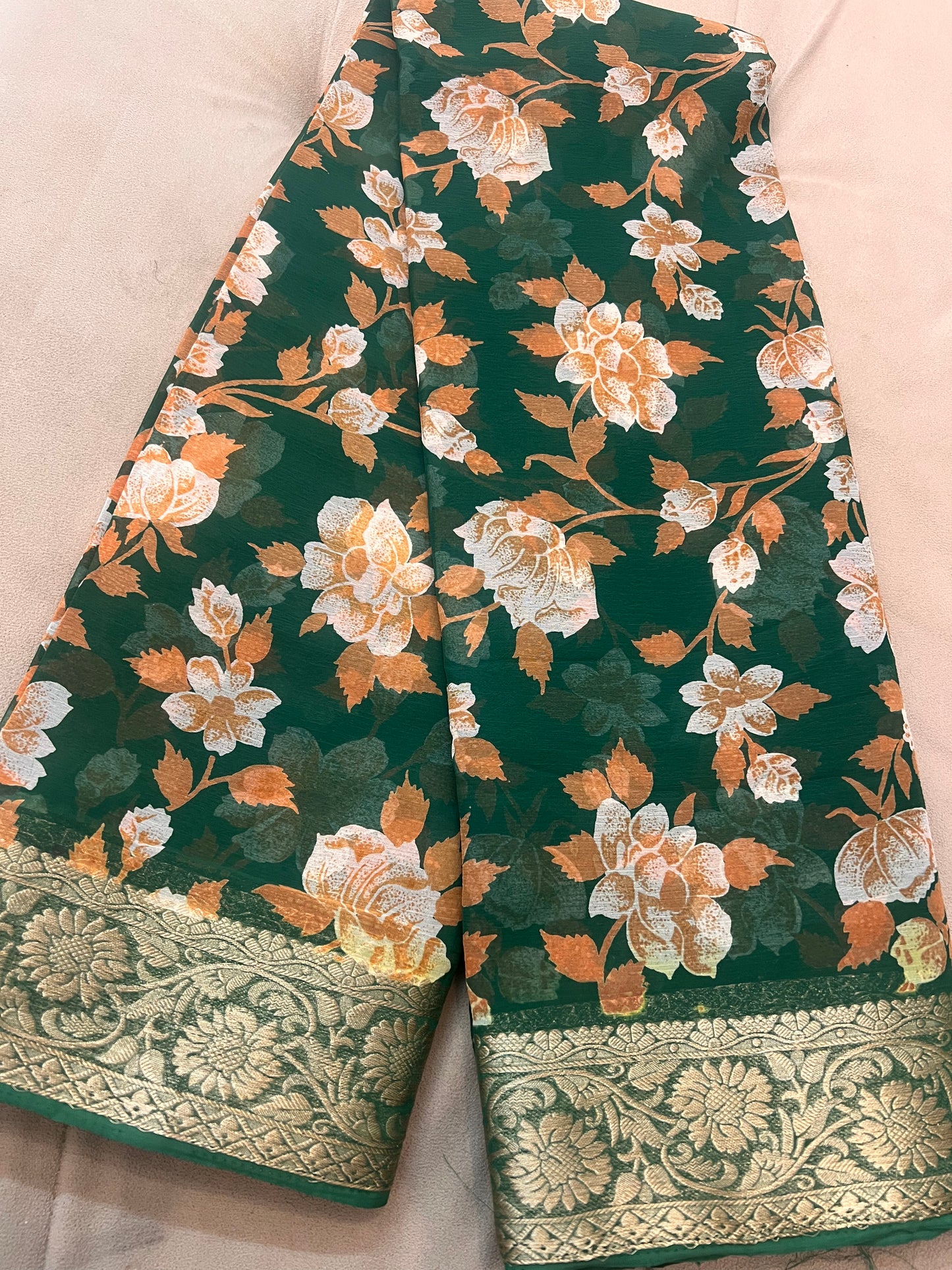 Bottle Green Beautiful Printed Crepe Sarees with Heavy Border and Same Blouse Piece