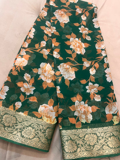Bottle Green Beautiful Printed Crepe Sarees with Heavy Border and Same Blouse Piece