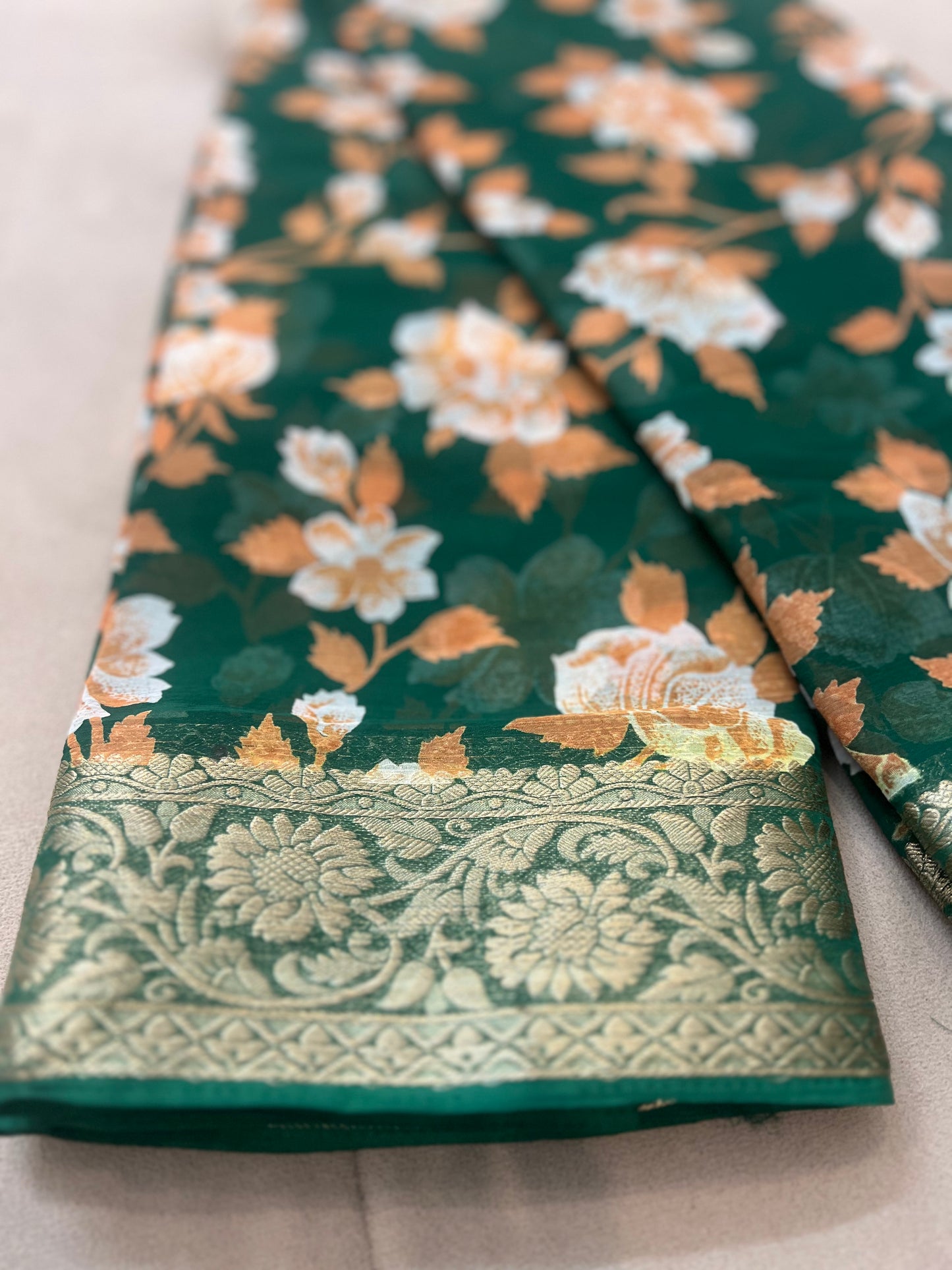 Bottle Green Beautiful Printed Crepe Sarees with Heavy Border and Same Blouse Piece